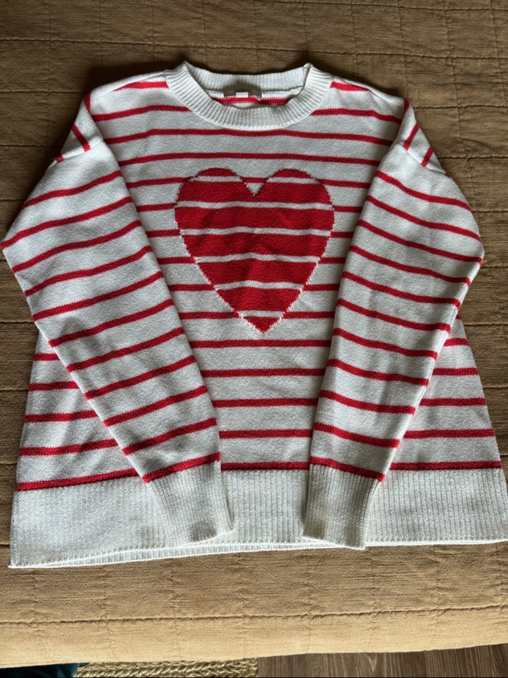 LOFT Cream and Red Striped Heart Crewneck Sweater